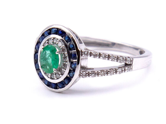 Sortija oro blanco 18K, Esmeralda y Zafiros