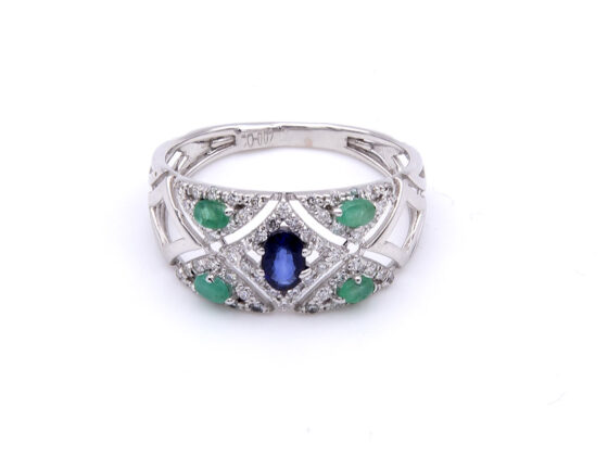 Sortija oro blanco 18K, Esmeraldas y Zafiro