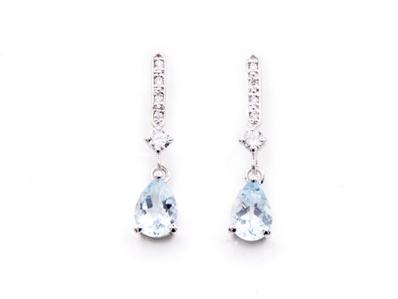 Pendientes oro blanco 18K, Diamantes y agua Marinas